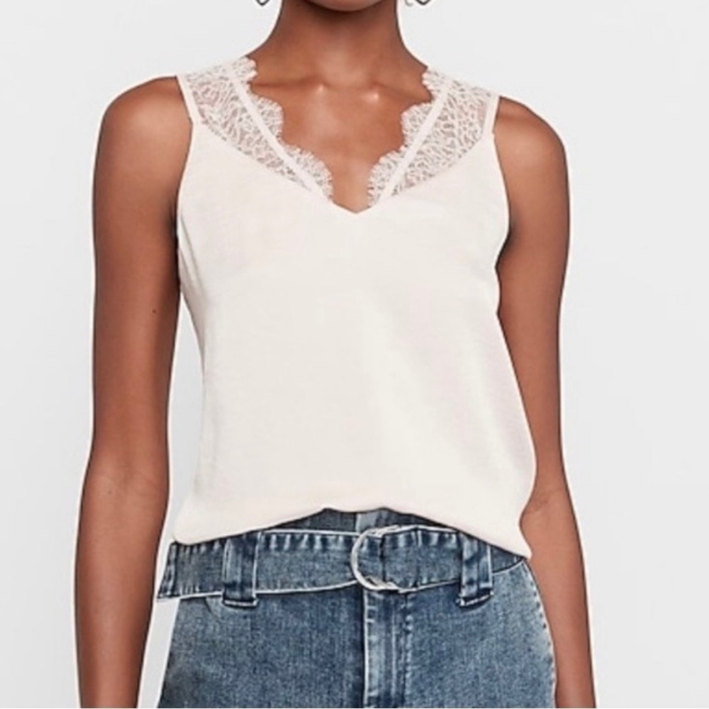 EXPRESS Sleeveless Lace Inset Embroidered Blouse Top in White